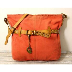 ROOMY LUCKY BRAND PINK CANVAS GENUINE LEATHER BELTED TOTE BOOK BAG SHOULDER BAG